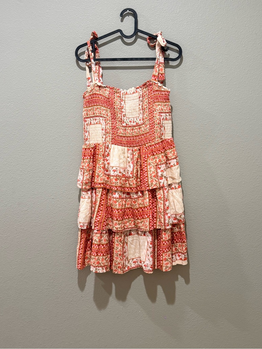 American Eagle Orange Patchwork Smocked Top Tiered Mini Dress Size M